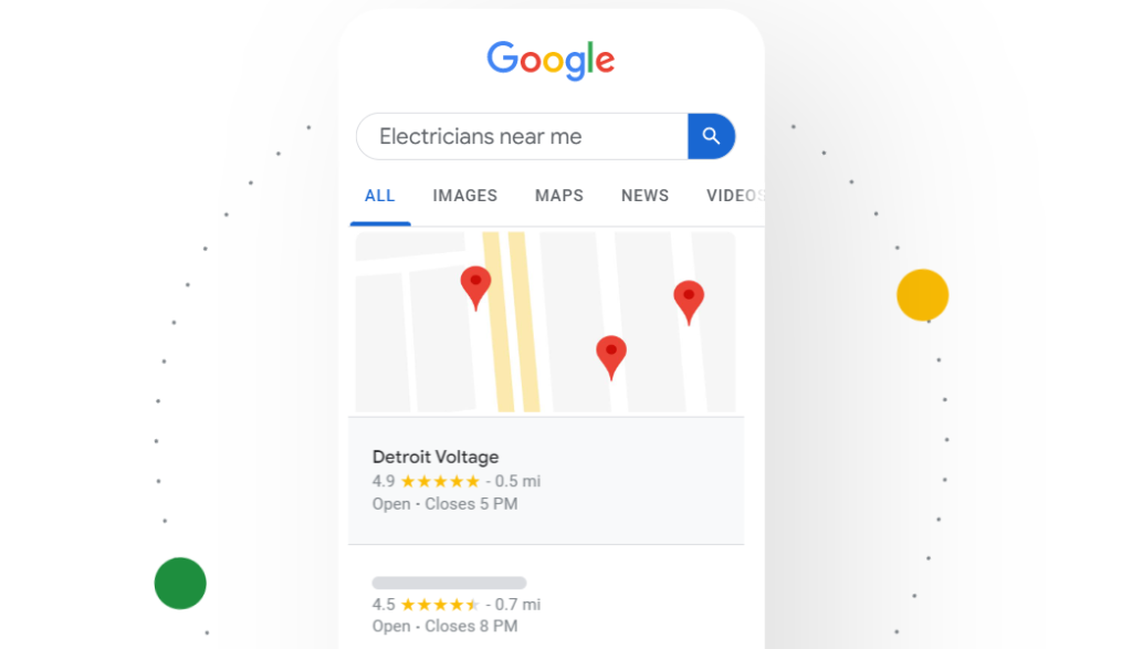 Google business profile example on mobile device with google map listing and business hours